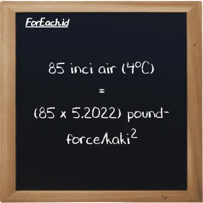 Cara konversi inci air (4<sup>o</sup>C) ke pound-force/kaki<sup>2</sup> (inH2O ke lbf/ft<sup>2</sup>): 85 inci air (4<sup>o</sup>C) (inH2O) setara dengan 85 dikalikan dengan 5.2022 pound-force/kaki<sup>2</sup> (lbf/ft<sup>2</sup>)